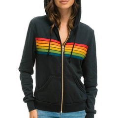 Women Coat 2023 New Casual Rainbow Hooded Sweatshirts Fashion Zip-Up Striped Cardigan Men Hoodies