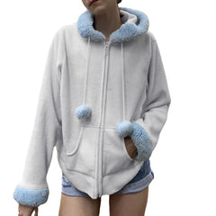 2022 Autumn and Winter New Furry Hooded Sweater Plus Velvet Warm Loose Zipper Sweatshirt Casual Color Matching Cardigan Jacket