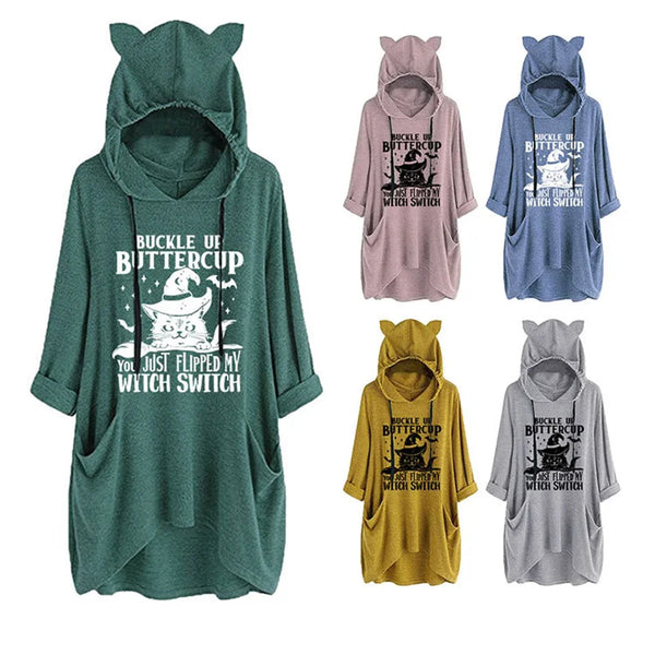 Winter fleece cat ears casual ladies Halloween ladies cute hoodie buckle up Buttercup print