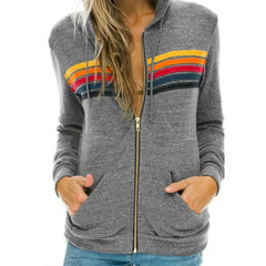 Donsignet Women Hoodies Coat 2021 New Casual Rainbow Hooded Sweatshirts Fashion Zip-up Striped Cardigan Men Hoodies