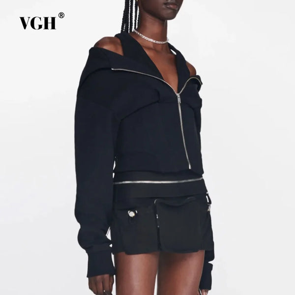 VGH Minimalist Patchwork Zipper Casual Sweatshirt For Women Hooded Long Sleeve Tunic Slimming Sweatshirts Female Fashion Style