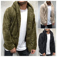 Men's Teddy Bear Fleece Coat Cardigan Winter Warm Hooded Coat Fashion Solid Color Long Sleeve Pocket Button Hooded Warm Coat