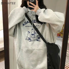 Hoodies Women Streetwear Harajuku Winter BF Thick Graffiti Kangaroo Pocket All-match Print Loose Tunic Korean Style New Arrival