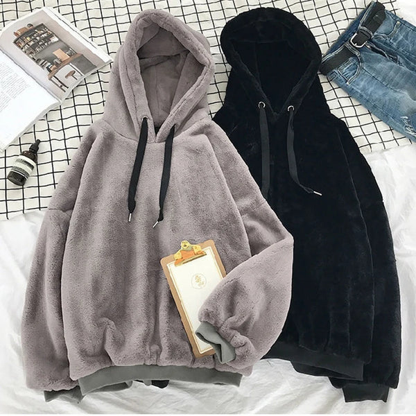 Gidyq Winter Women Faux Rabbit Sweatshirt Fashion Korean Streetwear Loose Hoodies Casual Female All Match Furry Pullover Coats