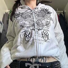 E-girl Gothic Harajuku Mall Goth Hoodies 2000s Y2K Cyber Grunge Emo Zip Up Sweatshirts Vintage Graphics Print Coat Streetwear