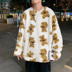 little bear Pattern furry Hoodie 2023 Winter Warm Plush sweet Pullovers Woman Vintage korean Style loose Sweatshirt sudaderas