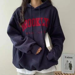 Letter Print Women Sweatshirt 2023 New Warm Full Sleeve Hoodies Ladies Streetwear Winter Pullovers Loose Clothes Hooded Pocket