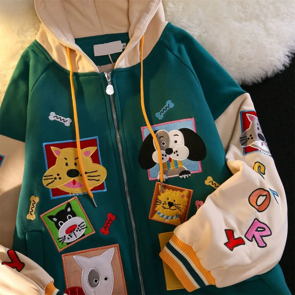 2022 Color Block Vintage Cute Cartoon Print Zip Up Hoodies Women Kawaii Spring Clothes Sweatshirt Jackets Coats Oversized Teens