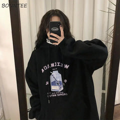 Hoodies Women Streetwear Harajuku Winter BF Thick Graffiti Kangaroo Pocket All-match Print Loose Tunic Korean Style New Arrival