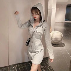 Sexy Hoodies Long Sleeve Sweatshirt Women 2023 Autumn Winter Pockets Zipper Hooded Dress Woman Korean Style Tunic Solid Coats