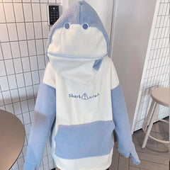 Kawaii Shark Hooded Sweatshirts Women Plush Warm Autumn Winter New Fashion Hoodies Cute Student Clothing Furry Pullovers Pockets