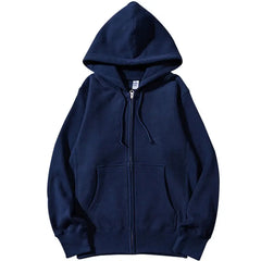 Good Quality Zip Hooded Women Sweatshirt Navy Blue Cotton Casual Street Wear Loose Spring Autumn Solid Color Hoodie Jacket