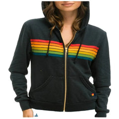 New Women Aviator Nation Zip-up Hoodies Sweatshirts 5 Stripe Rainbow Long Sleeve Loose Stitch Pullover