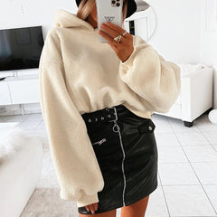 2023 New Casual Loose Raglan Long Sleeve Keep Warm Furry Hoodies Women 2023 Fall Winter Harajuku Pullovers Sweatshirt Solid Top