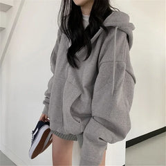 New Oversize Women Hoodies Casual Solid Zip Up Hooded Sweatshirt  Korean Loose Hoodie Thickening Plushing Jacket Coat