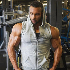 Gym Fitness Hoodie Mens Sleeveless Sweatshirt Bodybuilding Workout Cotton Zipper Vests Coat Male Casual Sportswear Hooded