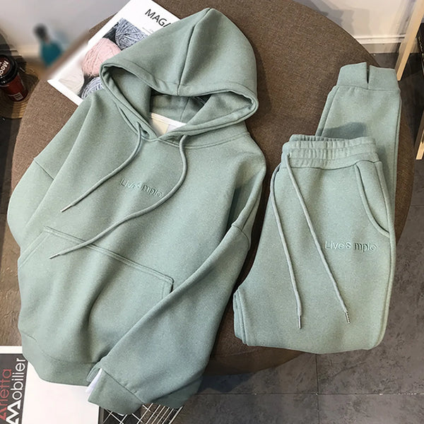 Woman's Sweatshirts Pants Sets Solid Drop Shoulder Korean Female Hooded Pullovers 2023 Thicken Warm Oversized Hoodies Women