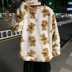 little bear Pattern furry Hoodie 2023 Winter Warm Plush sweet Pullovers Woman Vintage korean Style loose Sweatshirt sudaderas