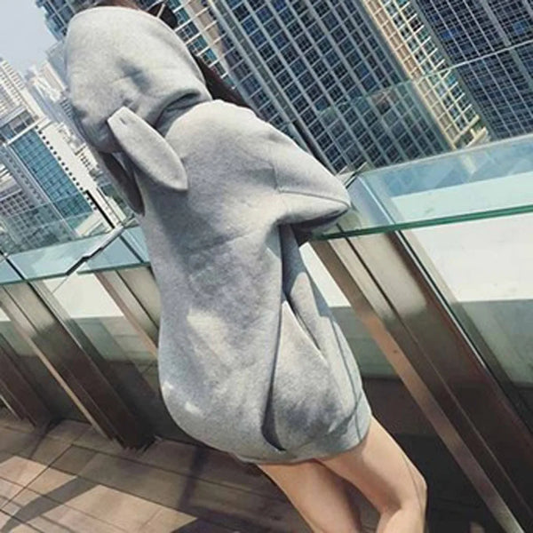 Rabbit Cap Hoodi Dress Women Korean Hooded Sweatshirt Ears Cute Top Long Sleeve Blouse Oversize Streewear Ladies Overcoat Female