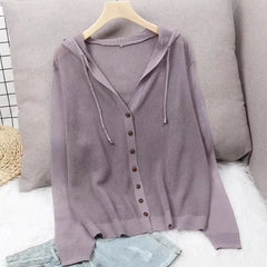 Women's Hoodie Spring Summer Knit Cardigan Coat Women's Hooded Top Sweater Thin Hollow Out Sun Protection Jacket Korean Fashion