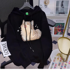 2023 Korean Autumn Winter Cute Cartoon Street Embroidery Design Cat Print Pullover Hoodies Women Men Trend Loose Couples Clothes