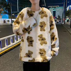 little bear Pattern furry Hoodie 2023 Winter Warm Plush sweet Pullovers Woman Vintage korean Style loose Sweatshirt sudaderas