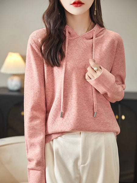 Australian Wool Pullover Hoodie O-Neck Solid Color Knitwear Hoodie Long Sleeved Knit Sweater Women Fashion Leisure Style New Top