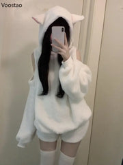 Spring Autumn Women Sweet Cute Sheep Ear Hooded Hoodies Girl Sexy Chic Long Sleeve Off Shoulder Loose Pullover Plush Sweatshirts