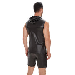 Plus Size Mens Shiny Leather Tank Top Soft Matte Leather Hoodies T-Shirts Sleeveless High-elastic Shaping Leather Tees Sexi