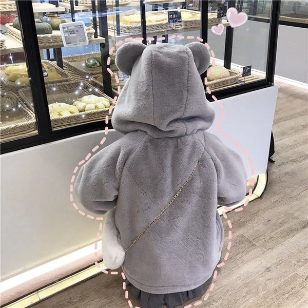 Kawaii Koala Ears Hooded Sweatshirts Women Cute Plush Thick Warm Spring Autumn Jacket Lovely Girl Student Furry Hoodies Jackets