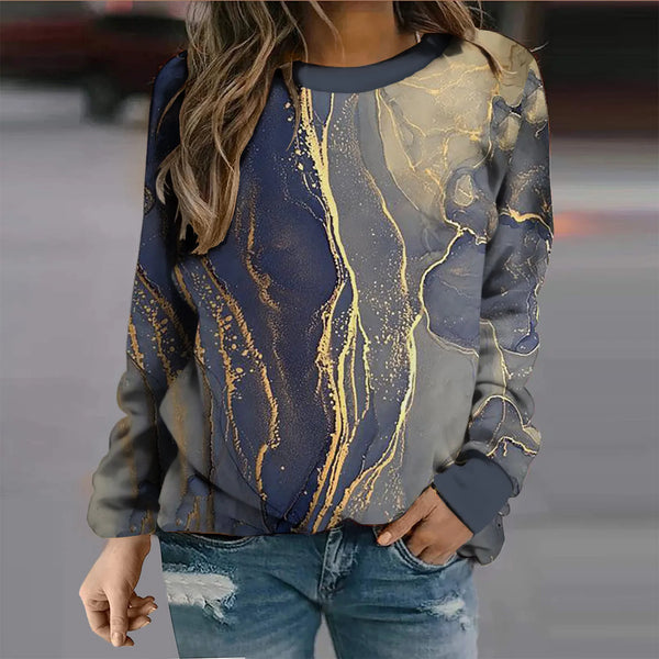 Marbing Print Hoodie For Women Round Neck Long Sleeves Sweatshirt For Ladies Trendy Athletic Loose Fit Pullover Female Clothes