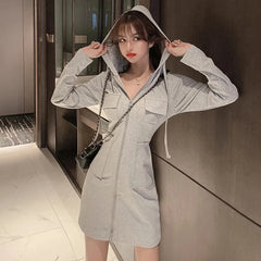 Sexy Hoodies Long Sleeve Sweatshirt Women 2023 Autumn Winter Pockets Zipper Hooded Dress Woman Korean Style Tunic Solid Coats